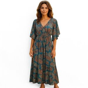 Boemo Anthropologie Medium Boho Renaissance Bat‎ wing Sleeve Maxi Dress Paisley
